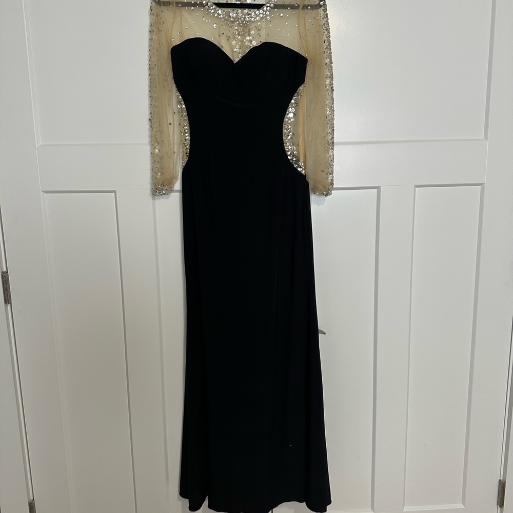 Black Evening Gown with Sheer Sleeves and Back with Beading